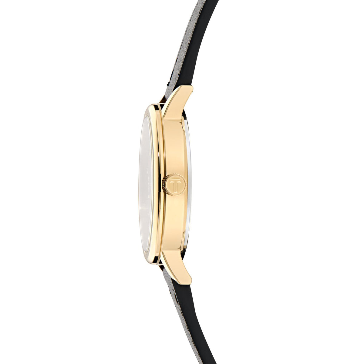 Gold-tone round watch case with black leather strap, side profile view