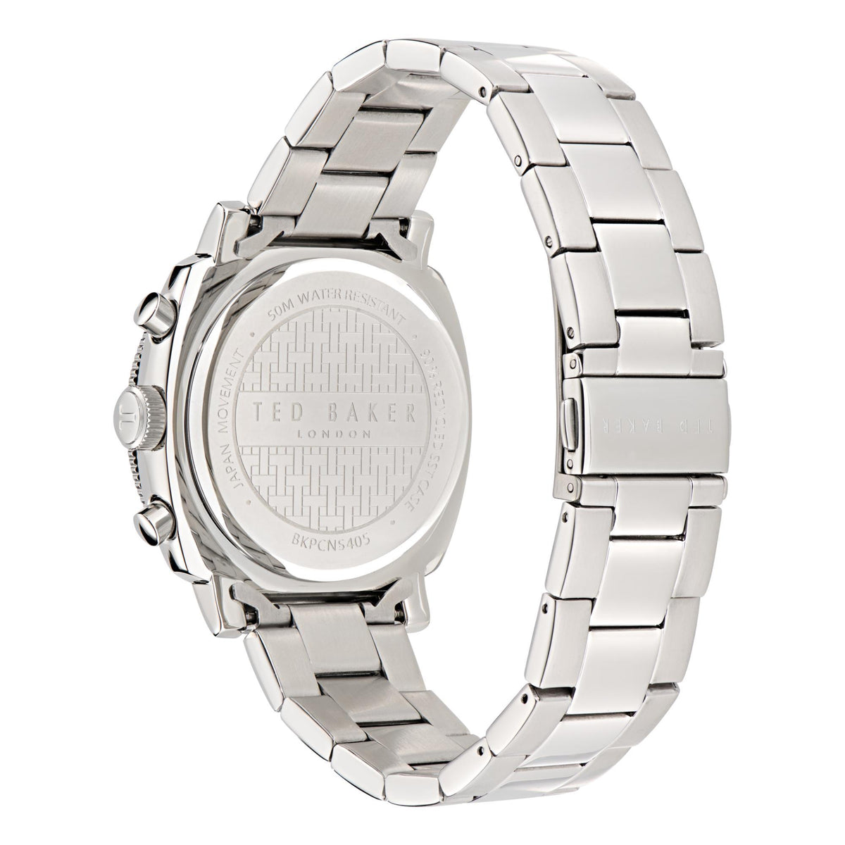 Men's stainless steel watch caseback with engraved text, bracelet links, angled view