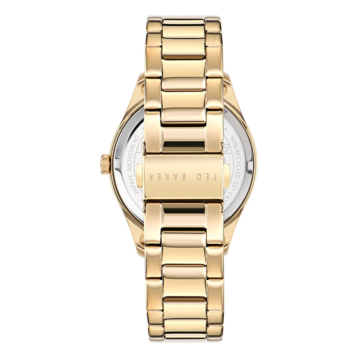 Men's gold-tone watch with metal bracelet and silver back with engraved markings