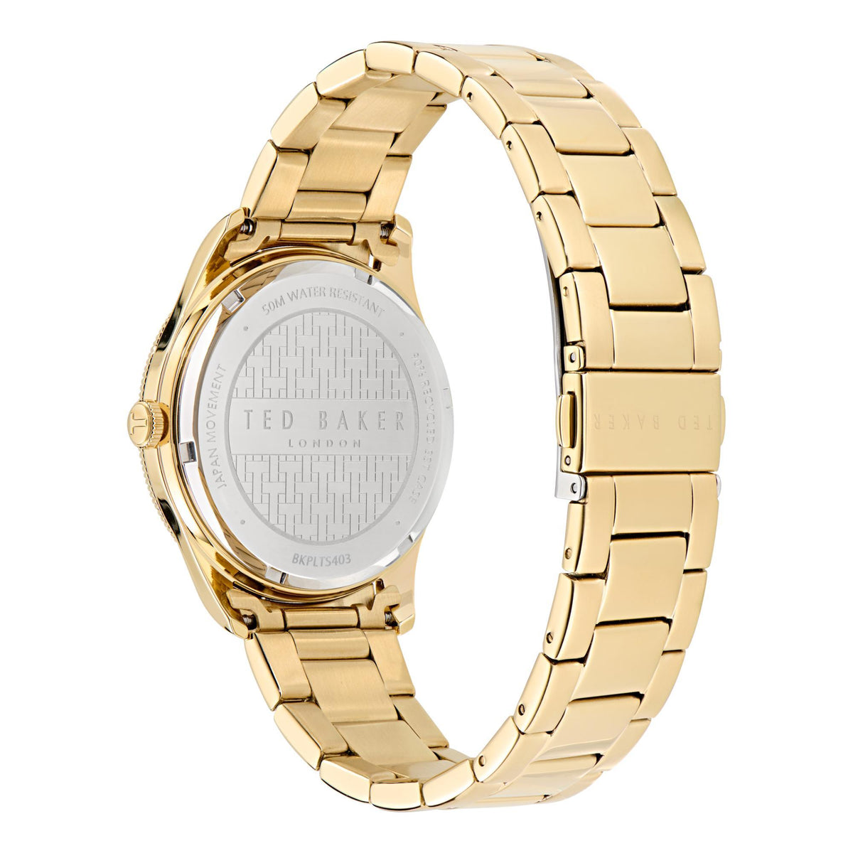 Men's gold-tone watch back and bracelet links with engraved case markings and glass rear