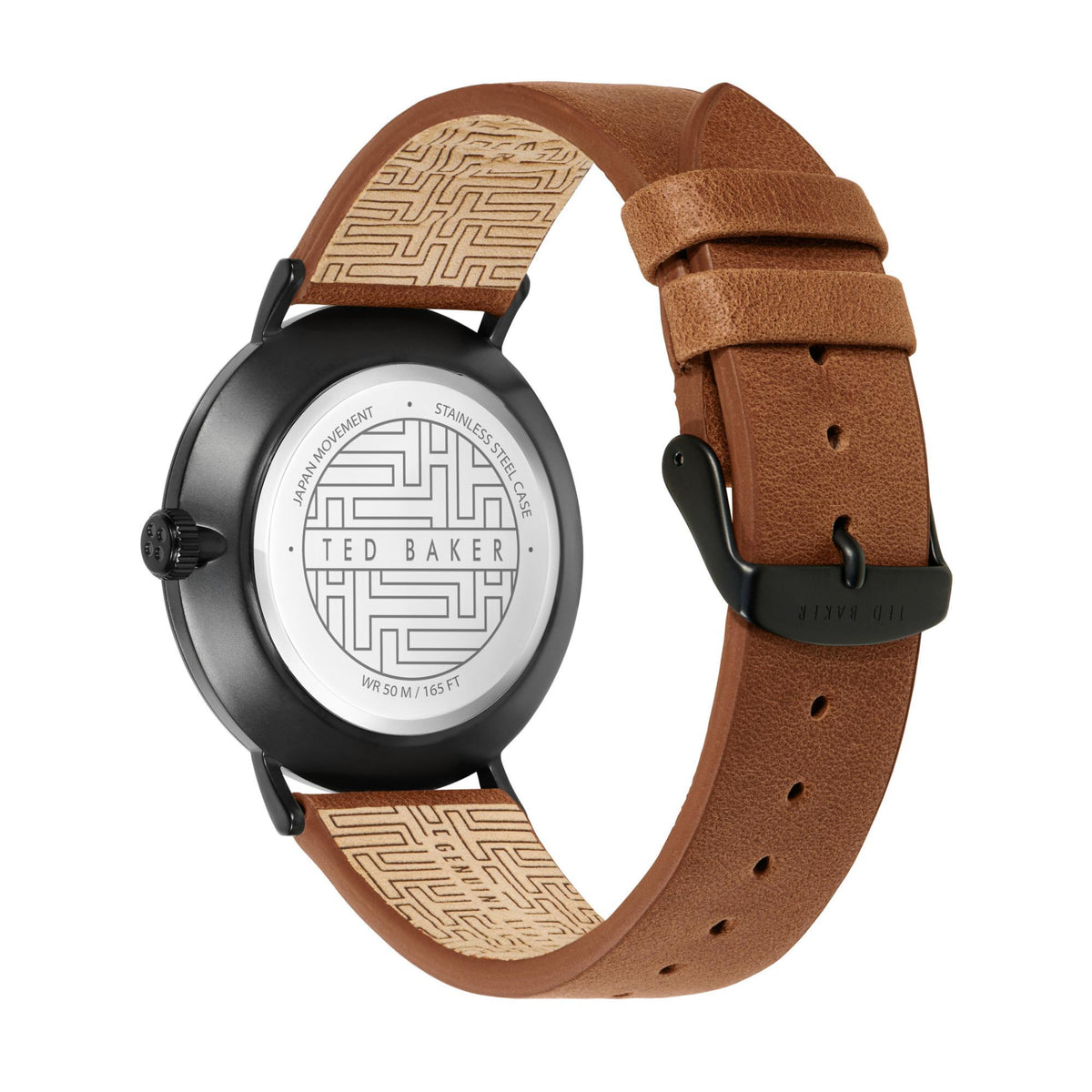 Men's tan leather strap watch showing back case and buckle, cream dial with pattern