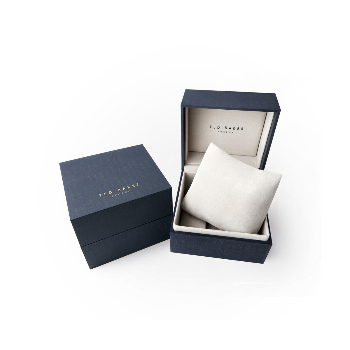 Men's watch gift box set with navy outer box and white inner cushion