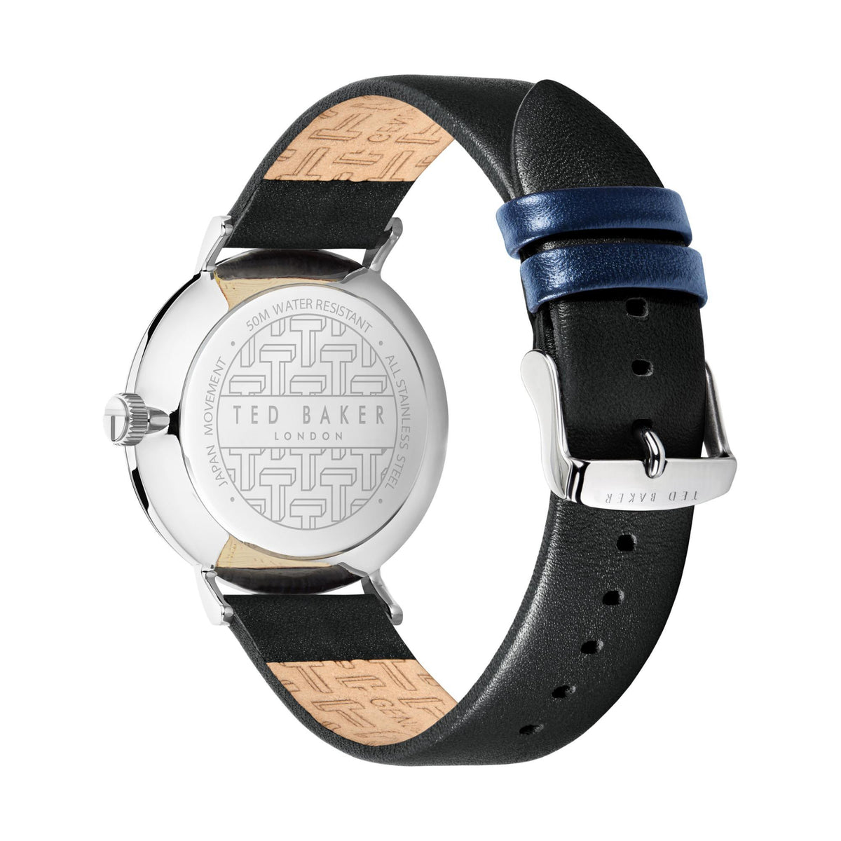 Men's stainless steel watch back view with engraved case and black leather strap