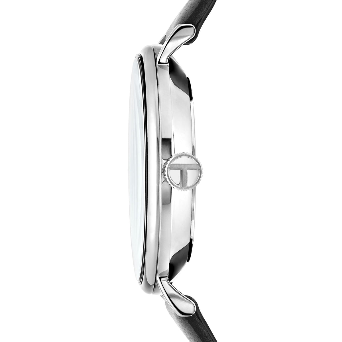 Stainless steel wristwatch side view with crown and black leather strap