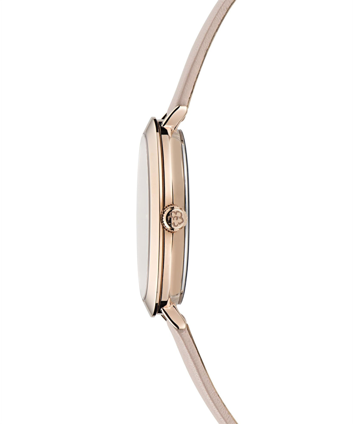 Ladies leather strap watch side profile with gold-tone case and pale pink leather strap