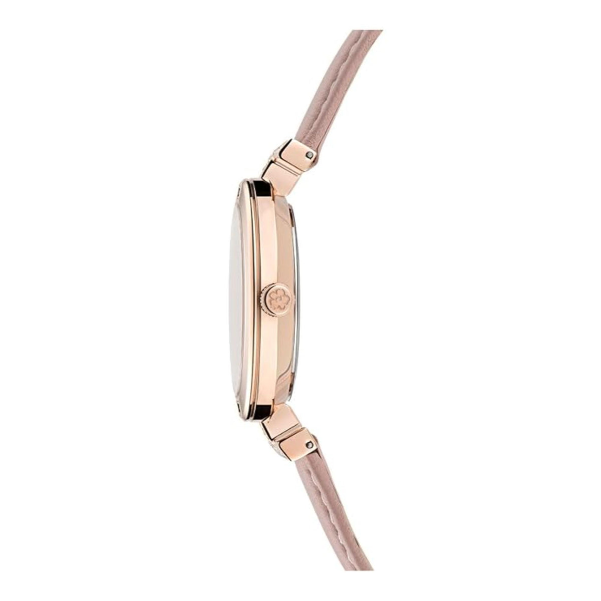 Rose-gold side-profile ladies watch with pink leather strap and visible crown