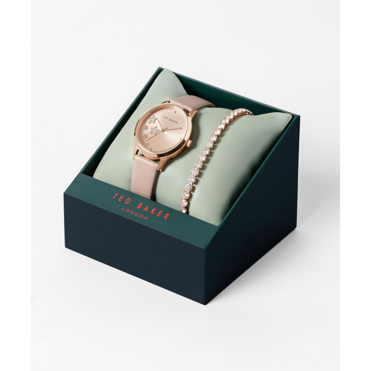 Gift box set with pink strap star dial watch and rhinestone hoop charm bracelet