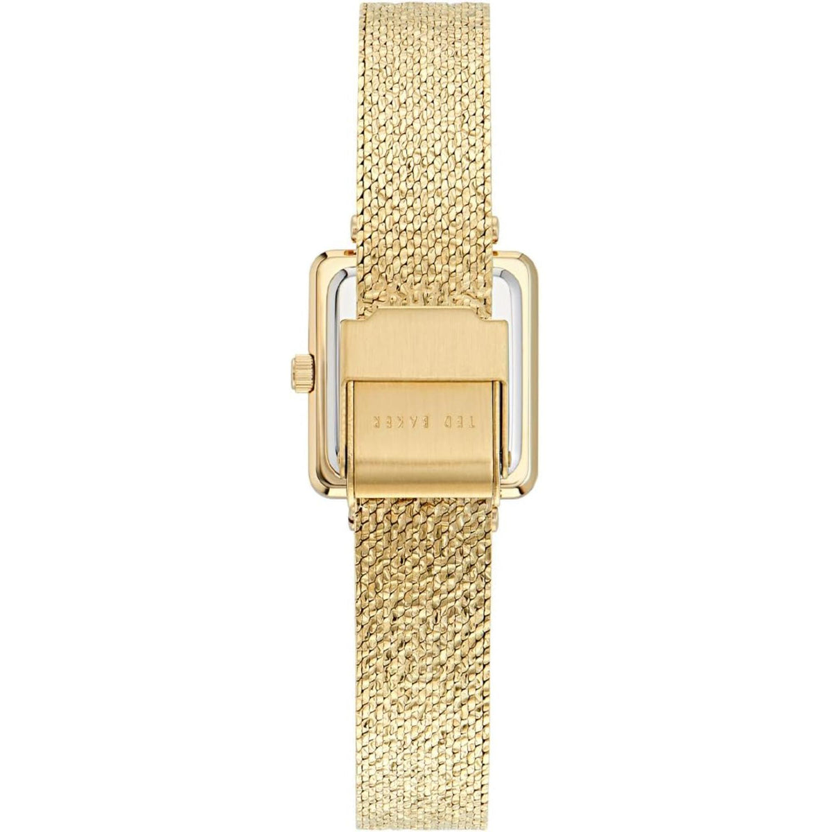 Gold-tone square watch with gold mesh strap, clasp and back case details