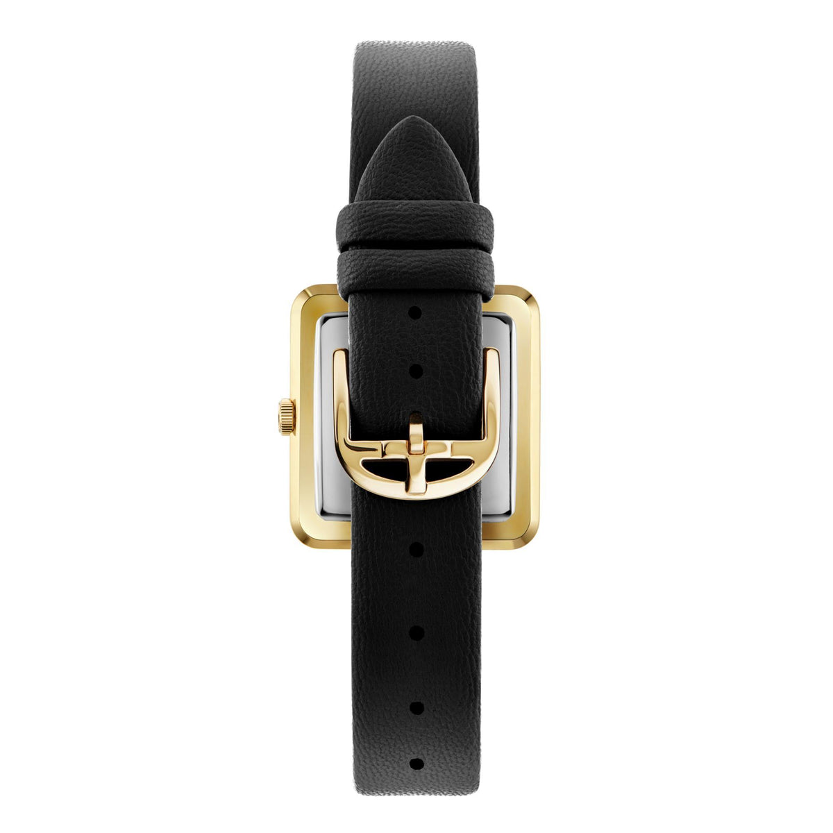 Black leather strap wristwatch with gold-tone back frame and clasp hardware