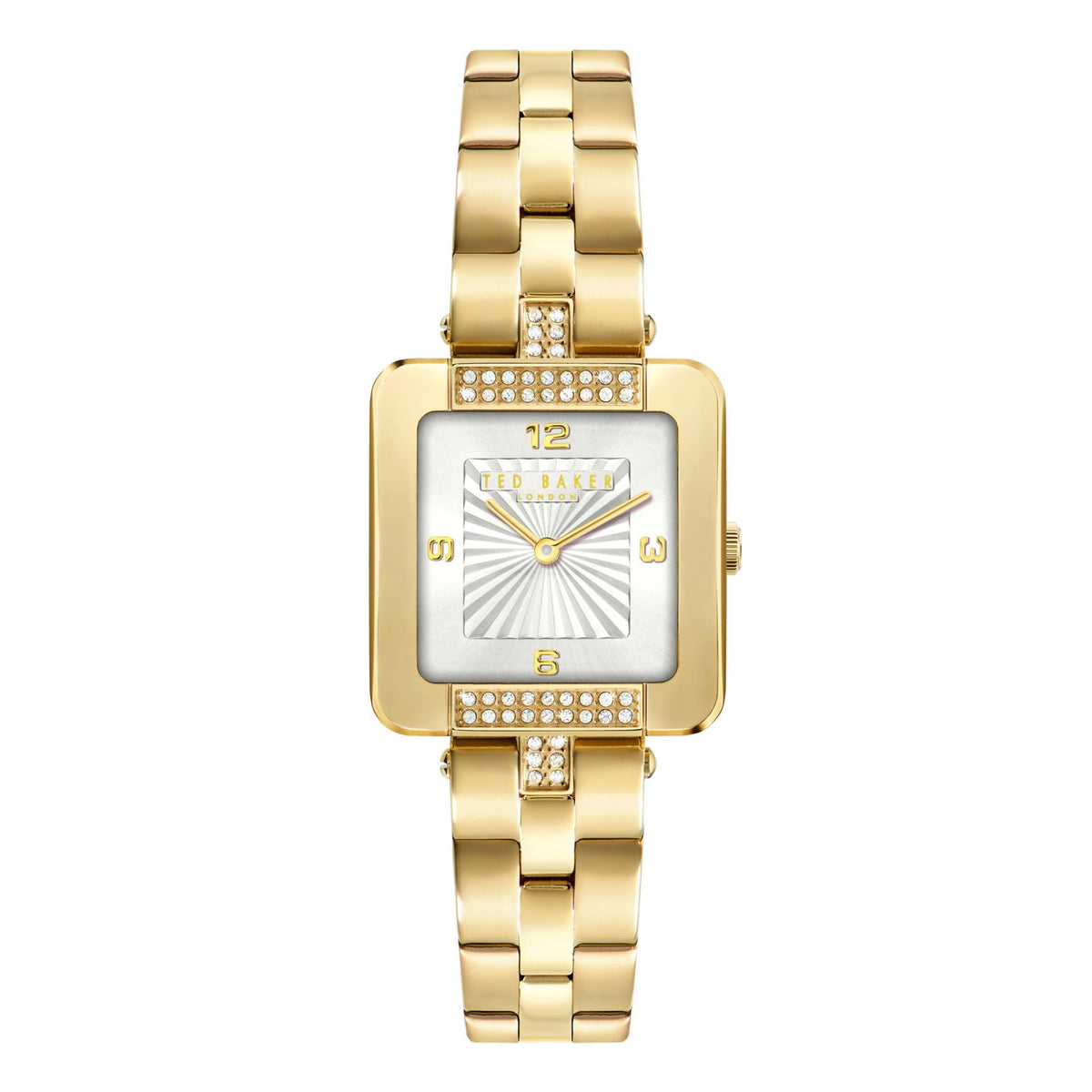 Women's gold-tone watch with square white dial and crystal bezel, multifunction design