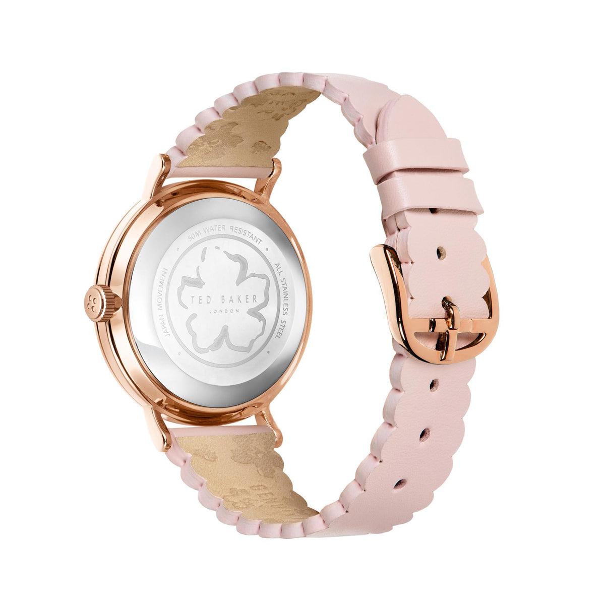 Ted Baker ladies wristwatch back view with pink leather strap and gold-tone case and clasp
