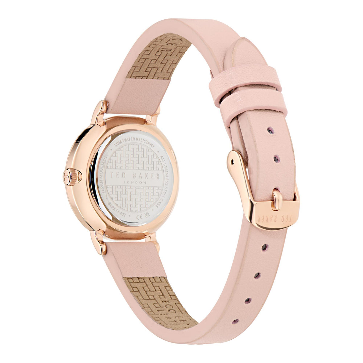 Ted Baker ladies leather strap watch with patterned strap underside and pale pink leather band.