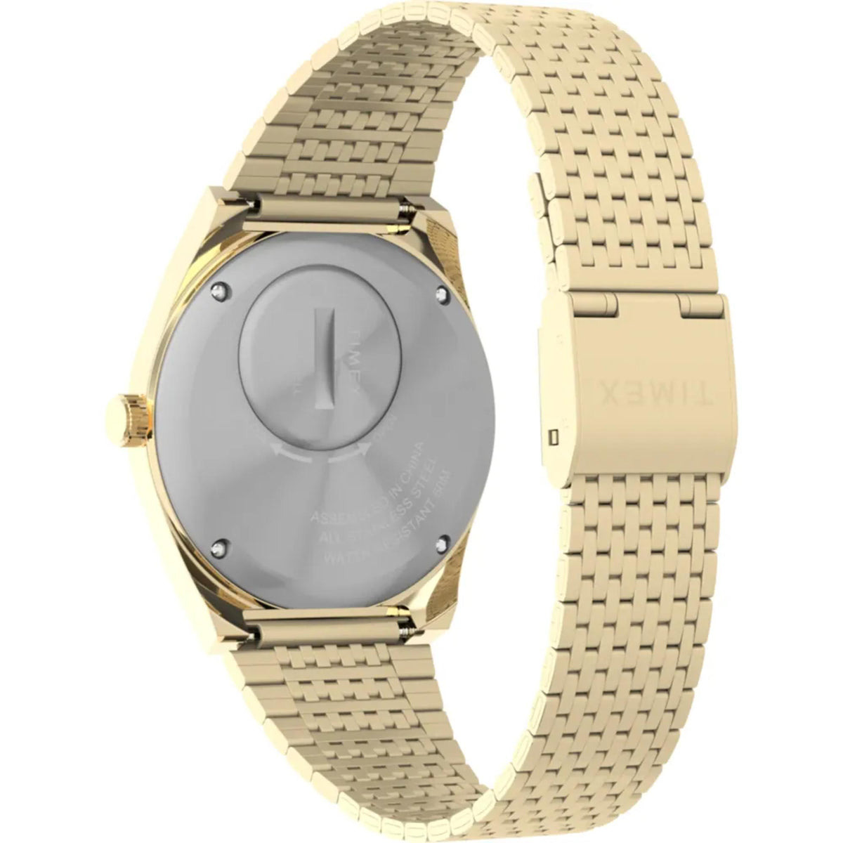 Gold-toned steel wristwatch with dark dial and textured metal bracelet