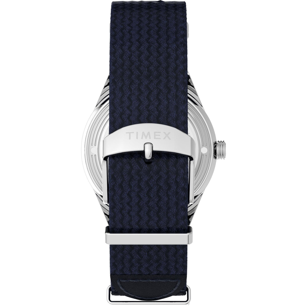 Men's automatic watch with white dial, silver case, and dark navy fabric strap