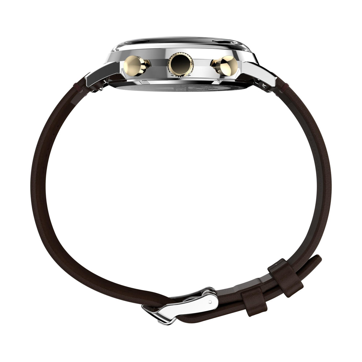 Timex watch strap and case back view with brown leather band and gold accents
