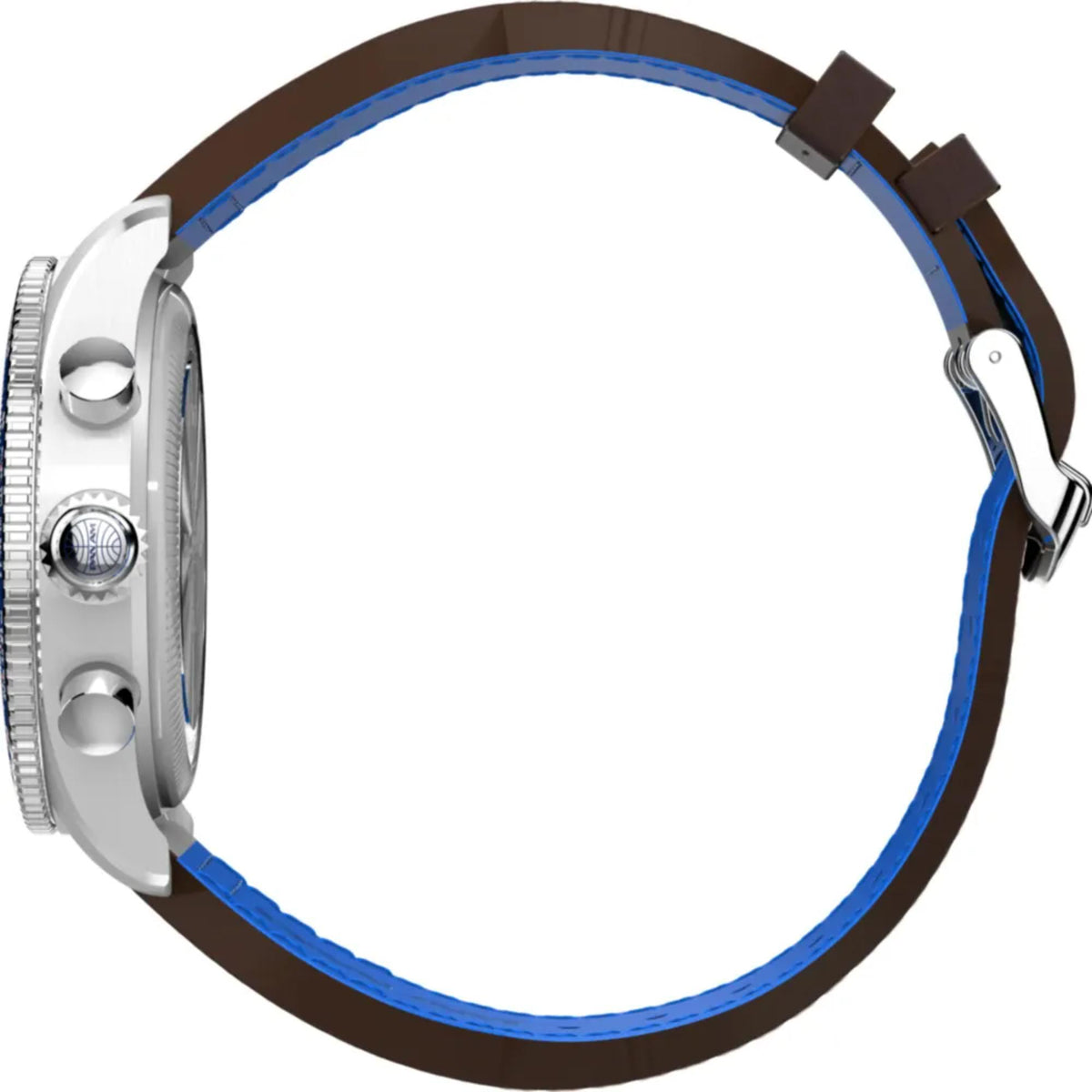 Men's chronograph watch side view with silver case, blue bezel accents, brown strap
