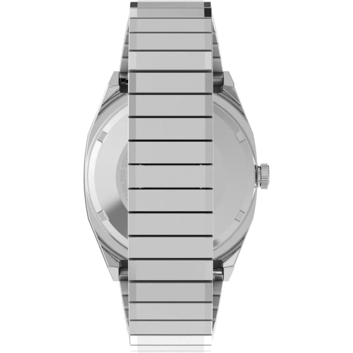 Steel wrist watch case side and bracelet with striped links, round crown at right
