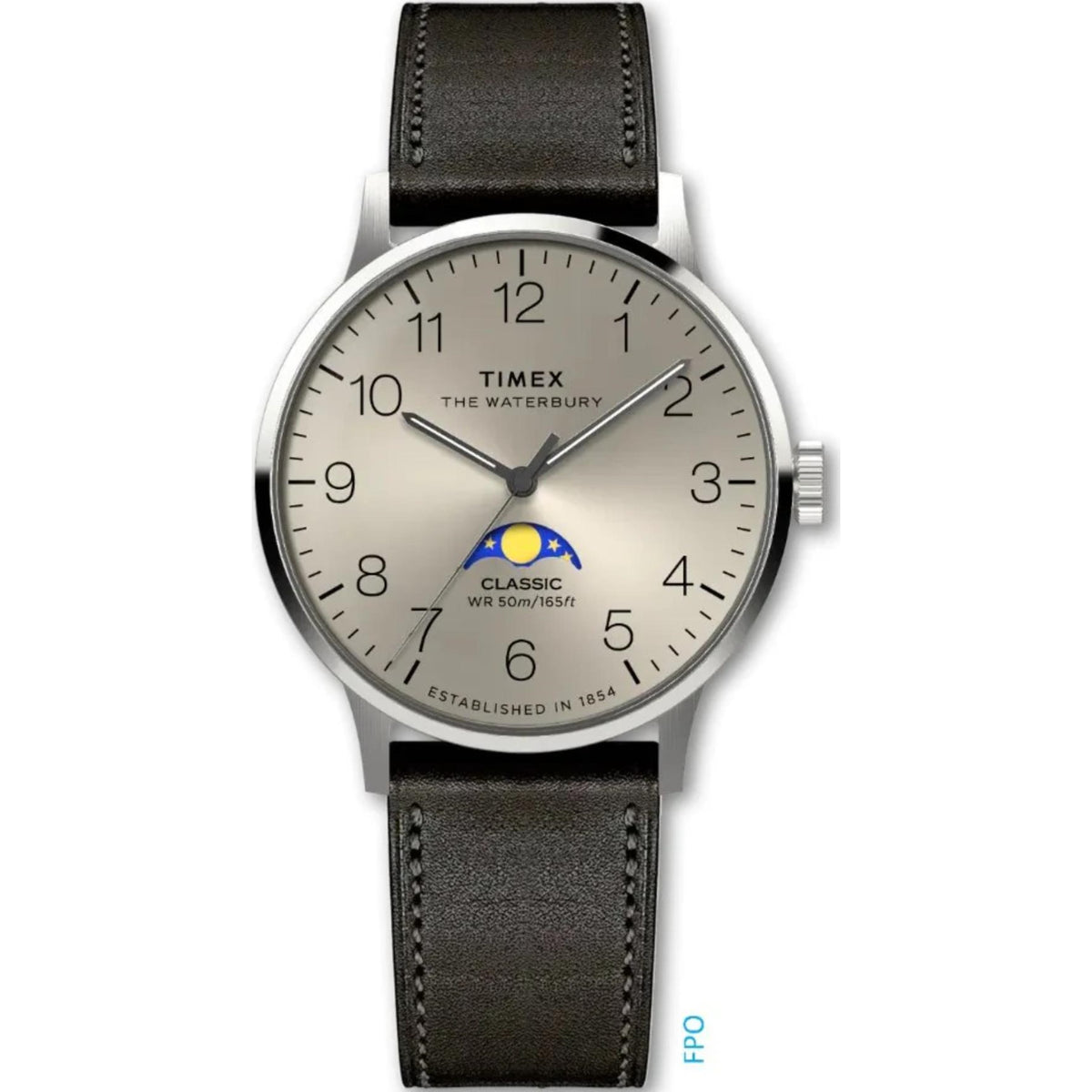 Men's 40mm quartz watch with champagne dial, silver case, black leather strap