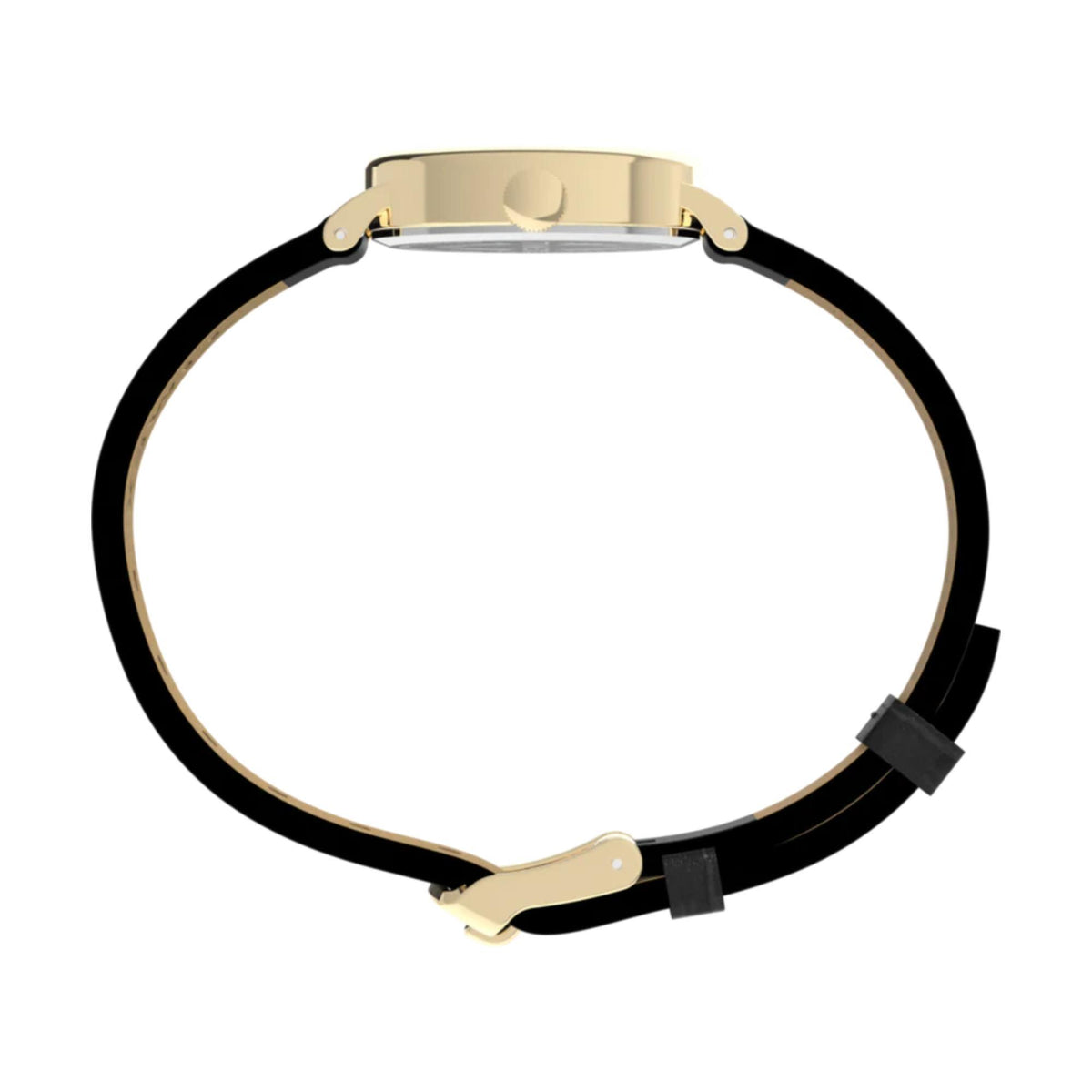 Black leather strap ladies watch with gold-tone clasp hardware on round case