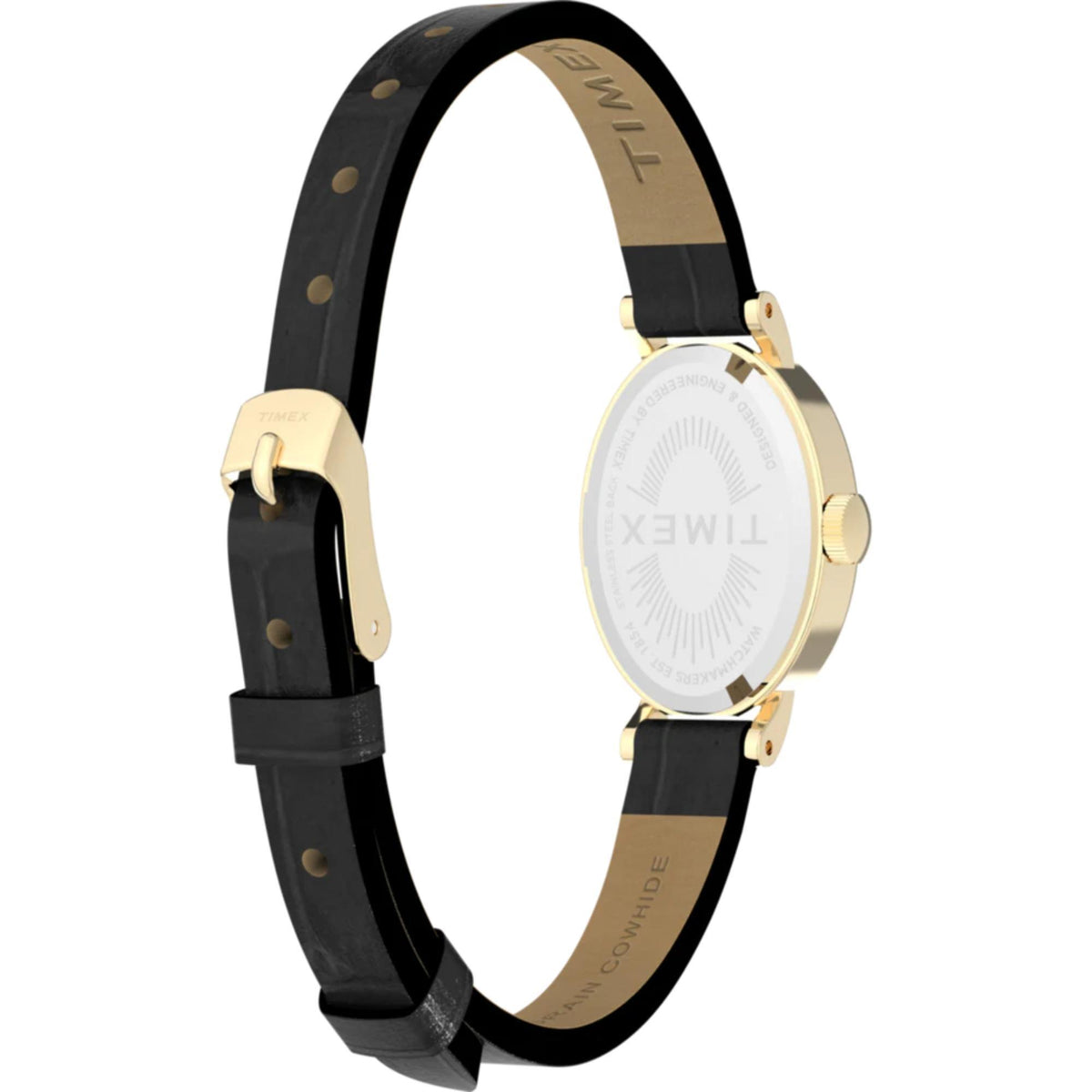 Ladies watch angled view with black leather strap, gold-tone bezel, white dial