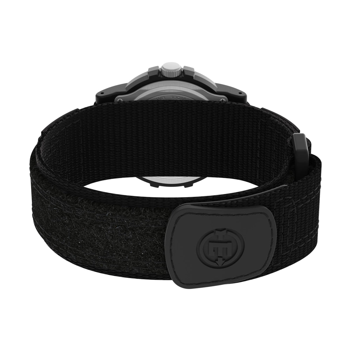 Men's quartz watch with black fabric strap and buckle, round metal case back