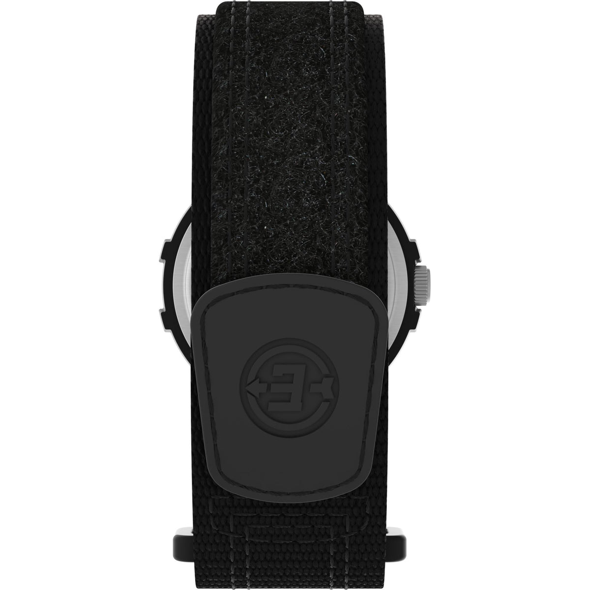 Men's quartz watch back view with black fabric strap and clasp tab