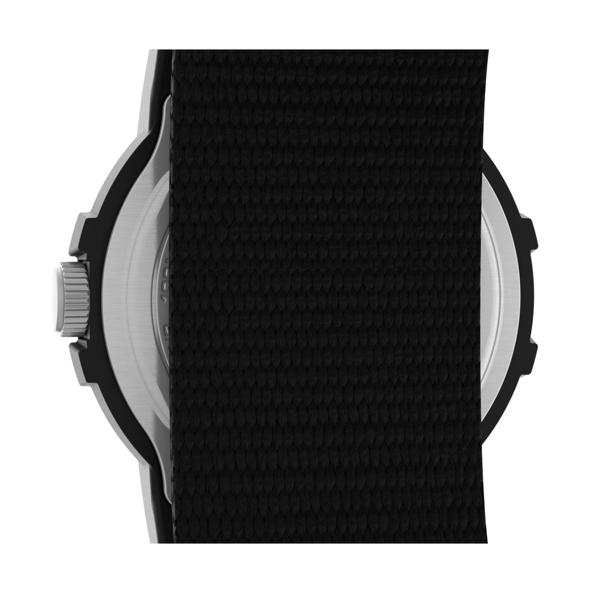 Men's quartz watch side view with black fabric band and round case
