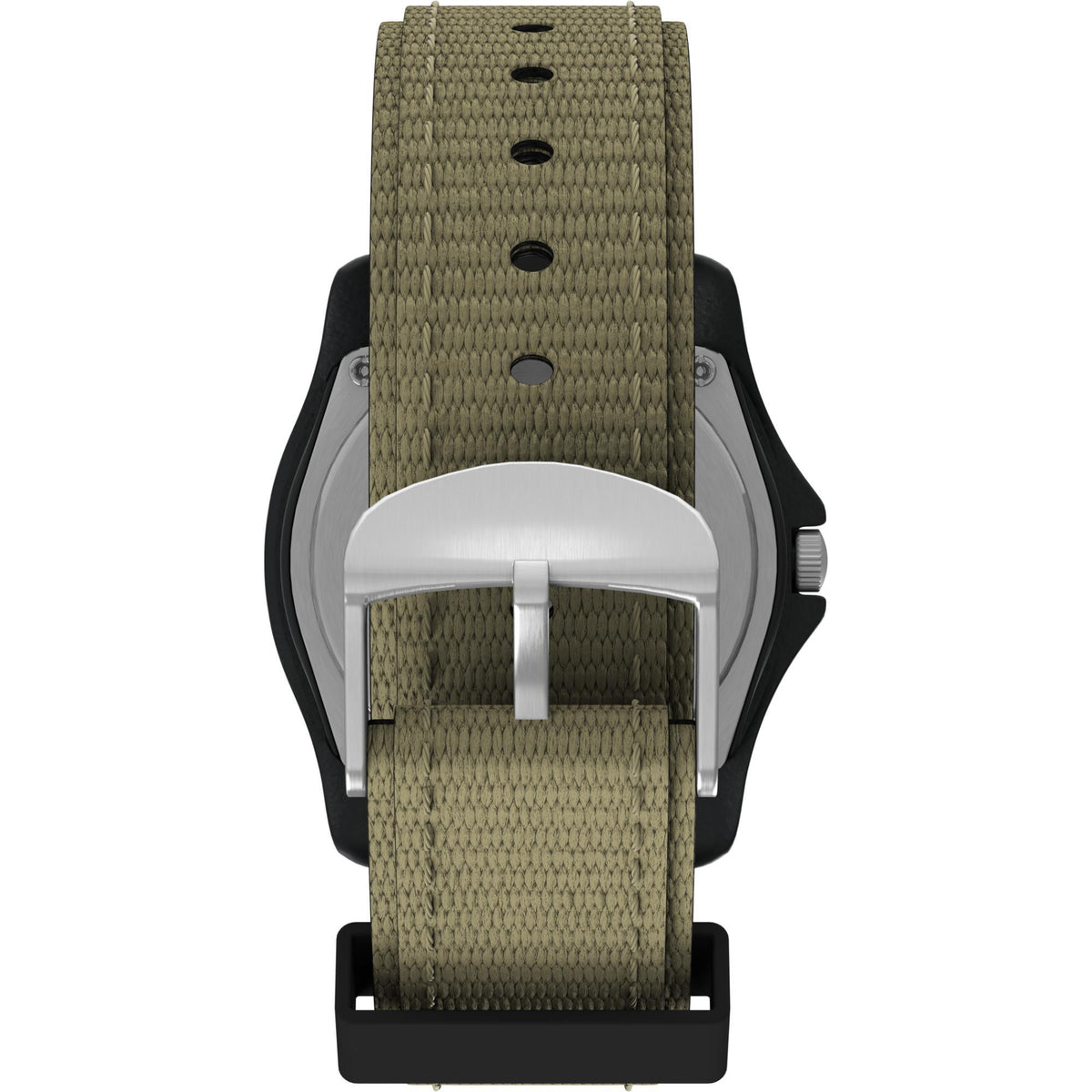 Men's quartz watch with olive fabric strap in profile, black case back visible.