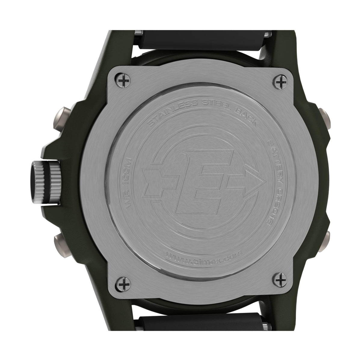Timex watch case back in stainless steel with embossed pattern; dark brown strap