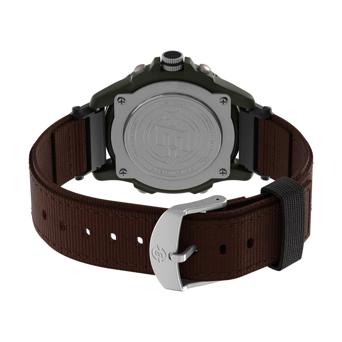 Men's Timex quartz watch showing backplate with dark brown fabric strap and buckle