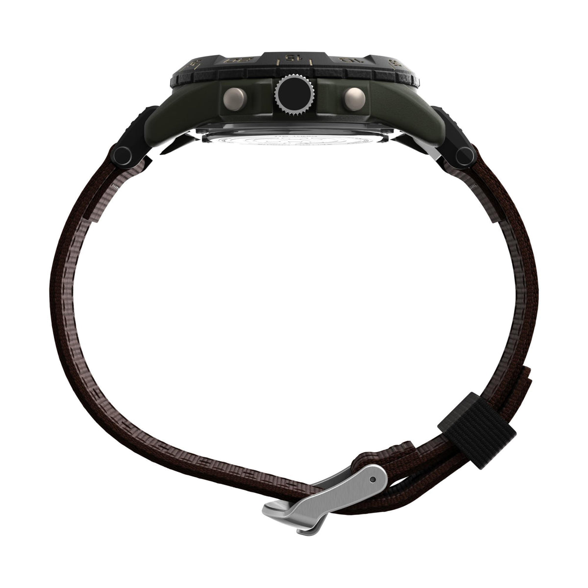 Timex watch side profile with dark brown fabric strap and metal clasp