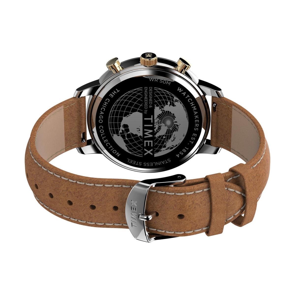 Timex Chicago watch with engraved case back and brown leather strap, gold-tone accents