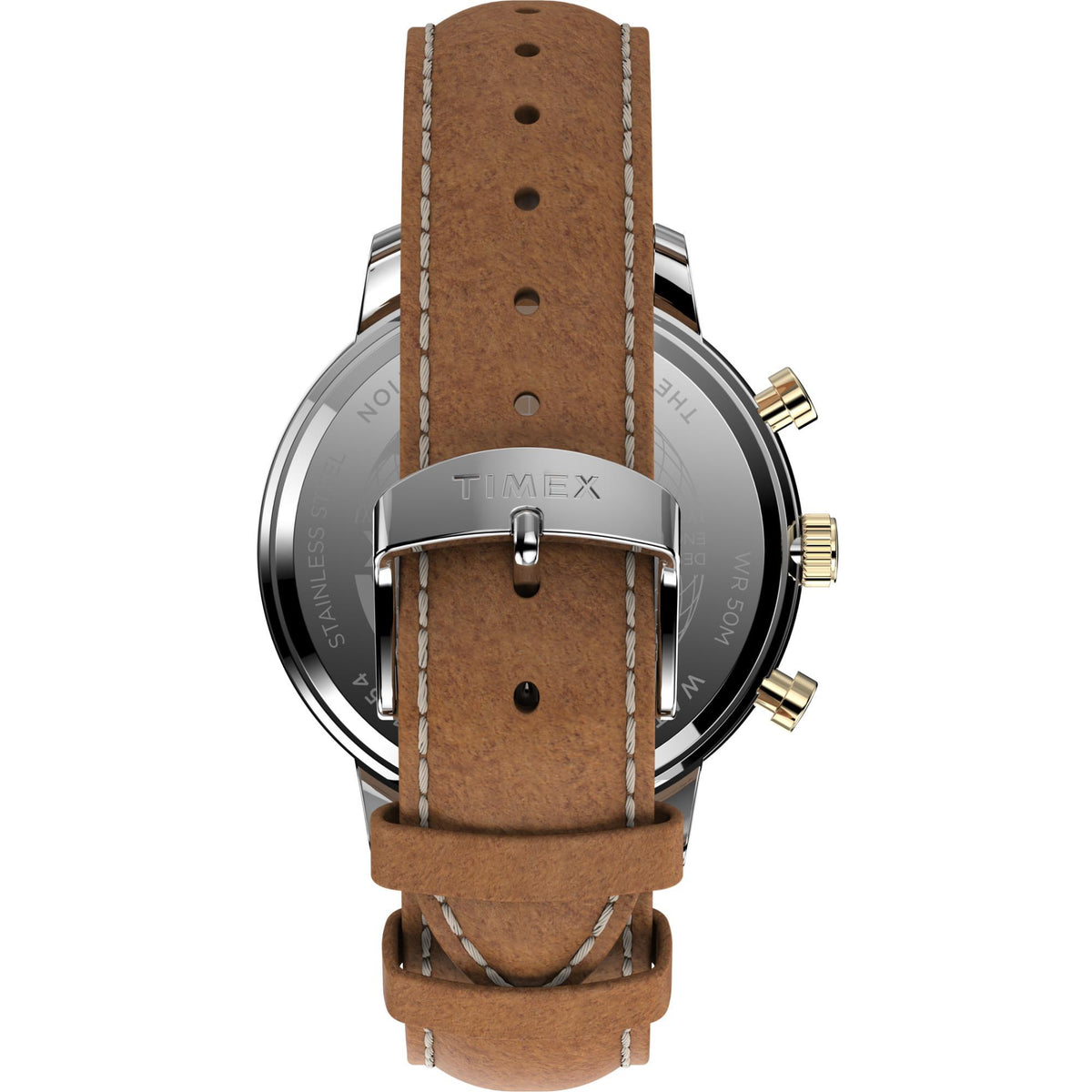 Timex Chicago watch rear view with brown leather strap and gold-tone pushers