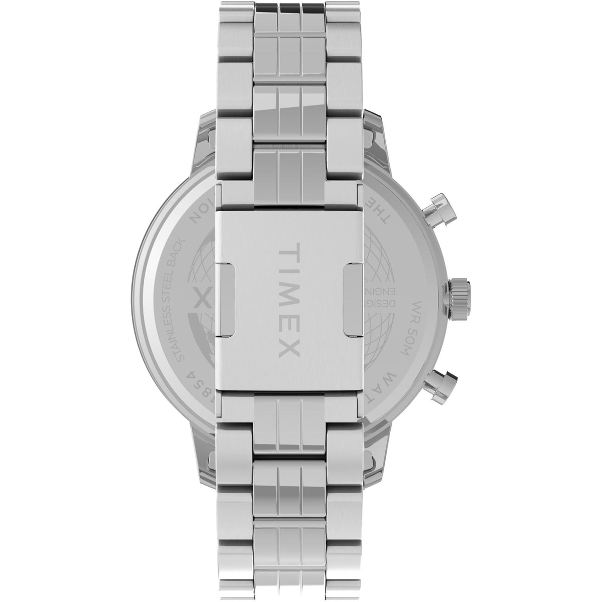 Stainless steel bracelet and crown side view of Timex chronograph watch