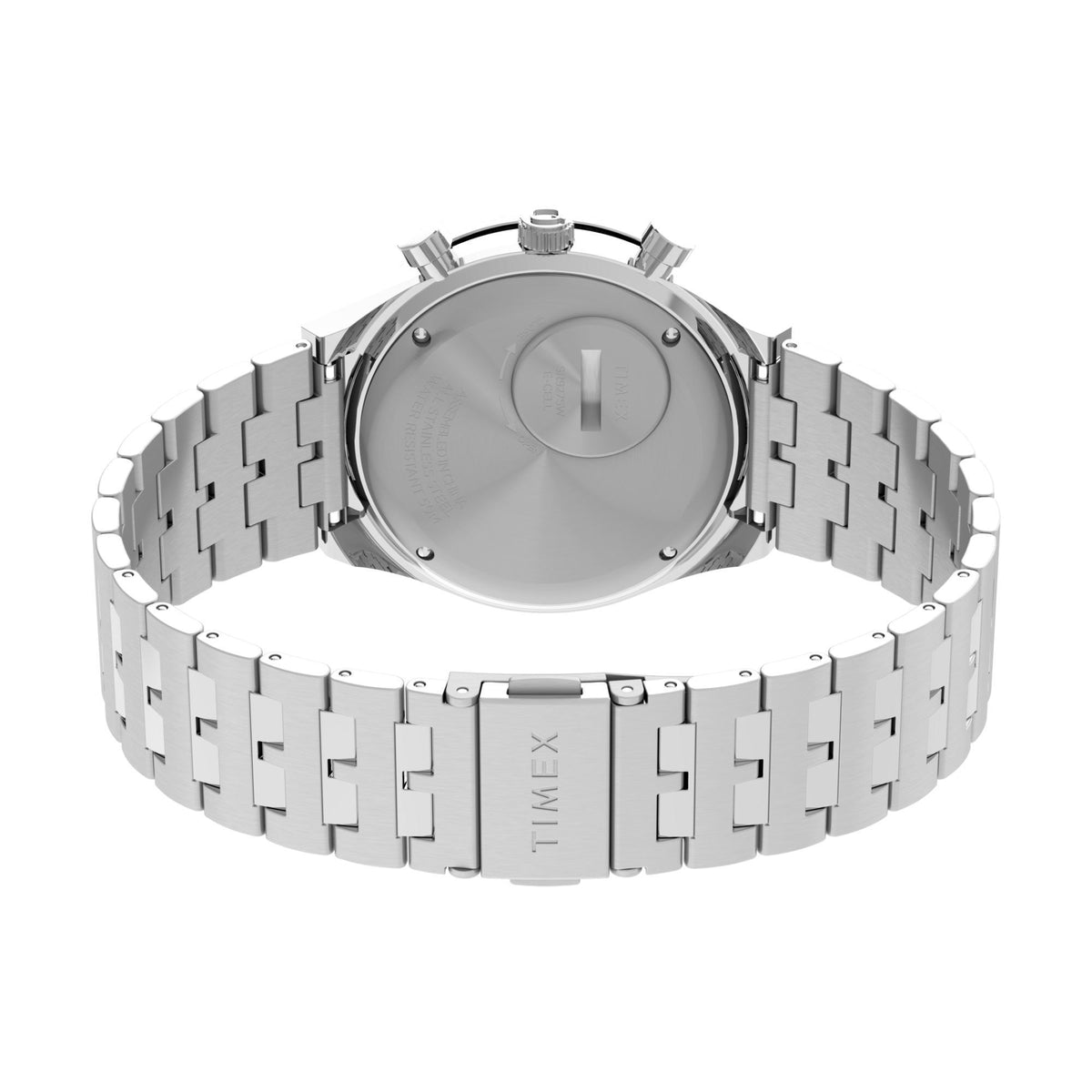 Steel quartz watch caseback with engraved center and rectangular link bracelet