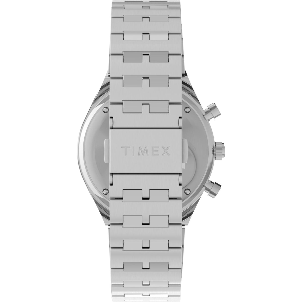 Steel quartz watch with textured bracelet links and crown with side pushers