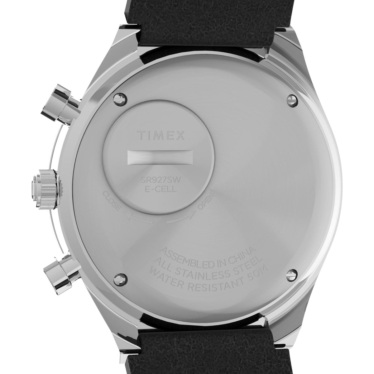 Men's chronograph watch case back with black leather strap, stainless steel finish