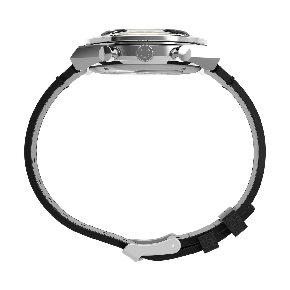 Men's chronograph watch with black leather strap, silver metal case and crown