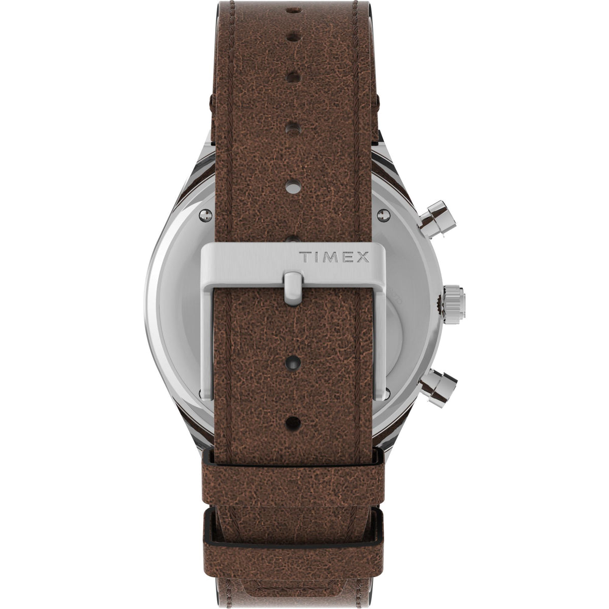 Men's Timex chronograph watch top view with brown leather strap, silver case and crown