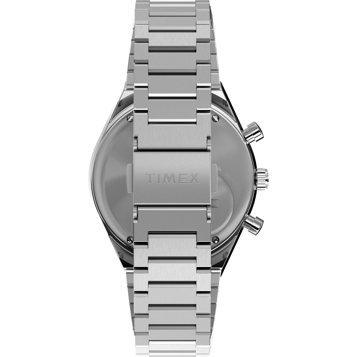 Stainless steel Timex chronograph quartz watch, bracelet and side pushers detail