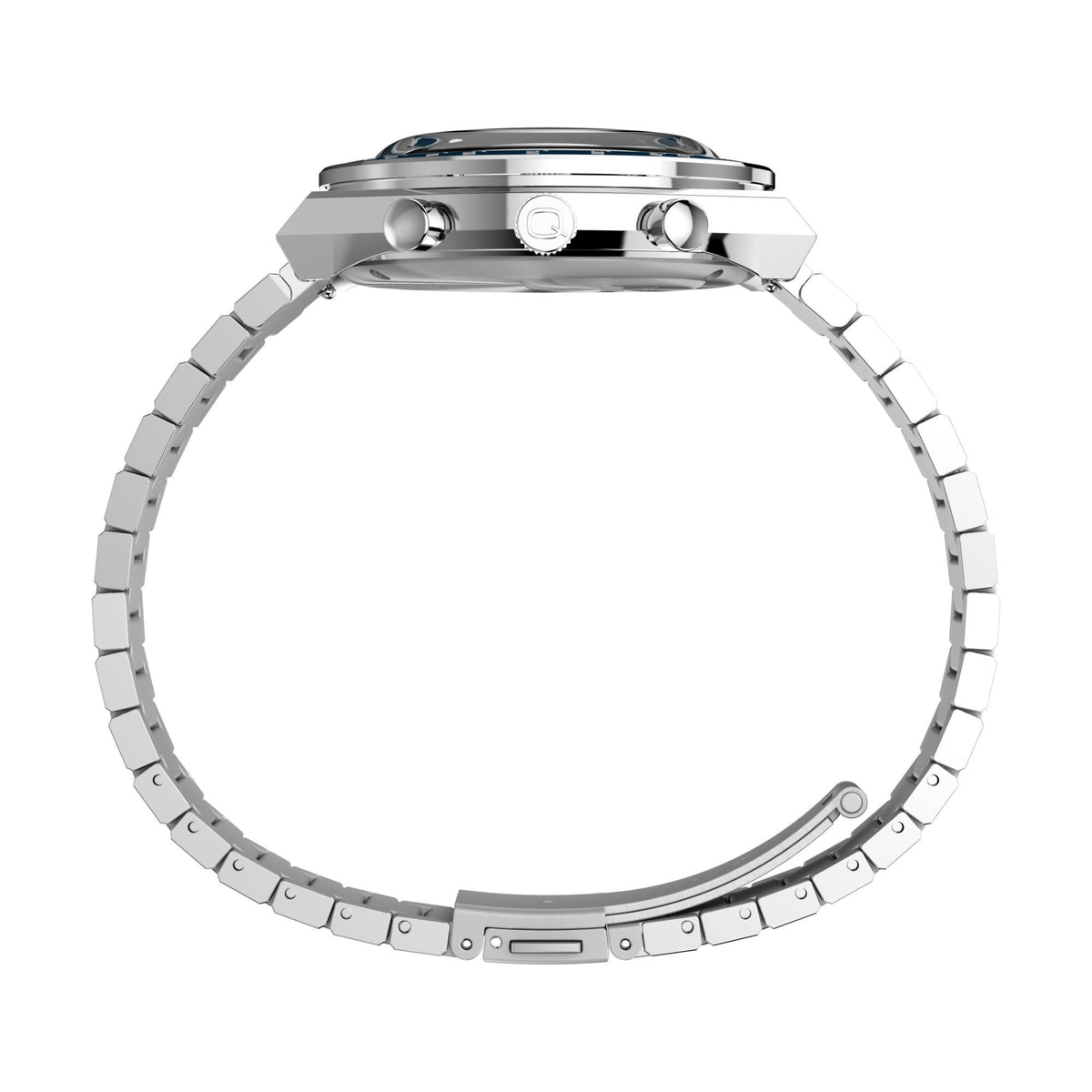 Stainless steel Timex chronograph quartz watch with linked bracelet, side profile
