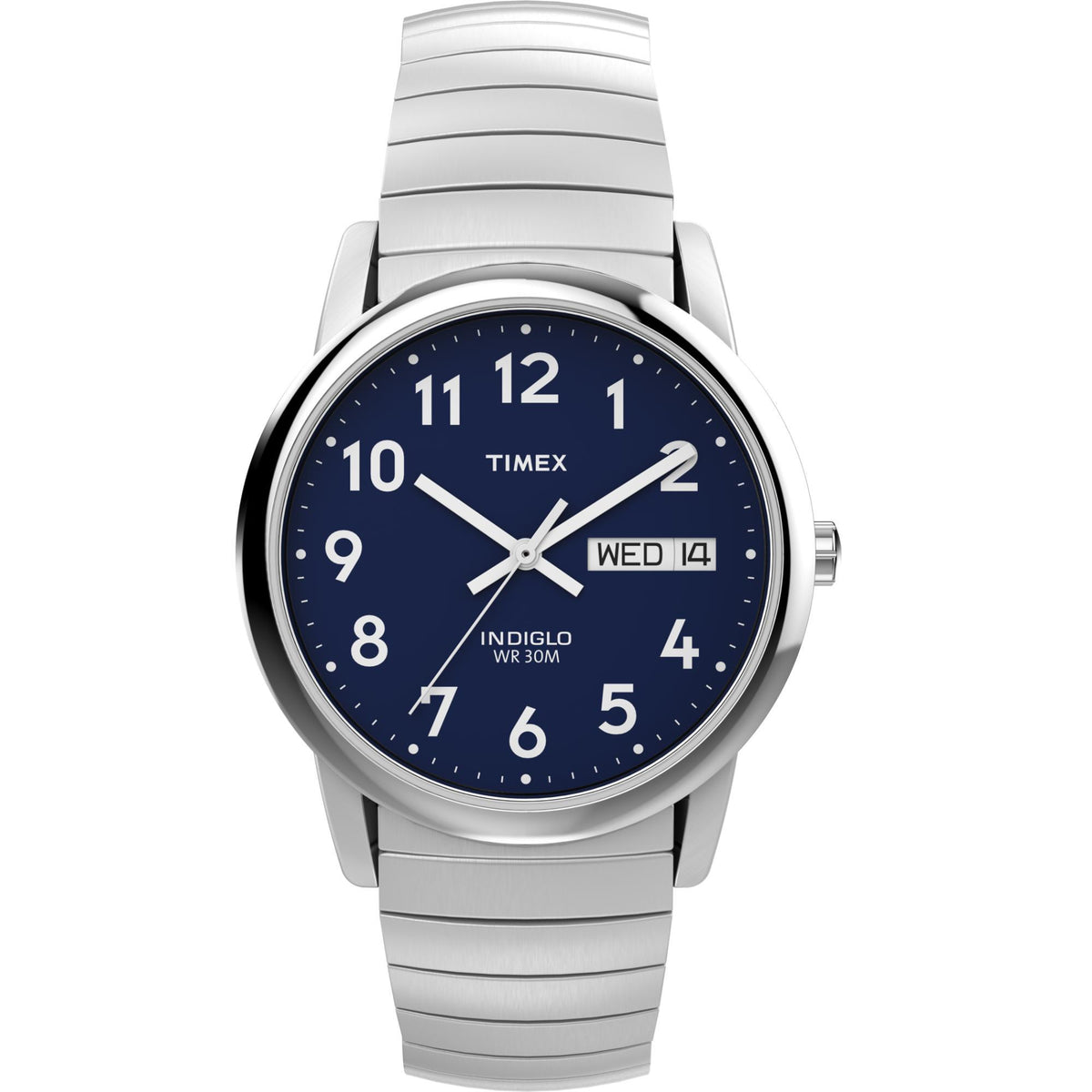 Men's steel quartz watch with blue dial, round bezel, and day-date window