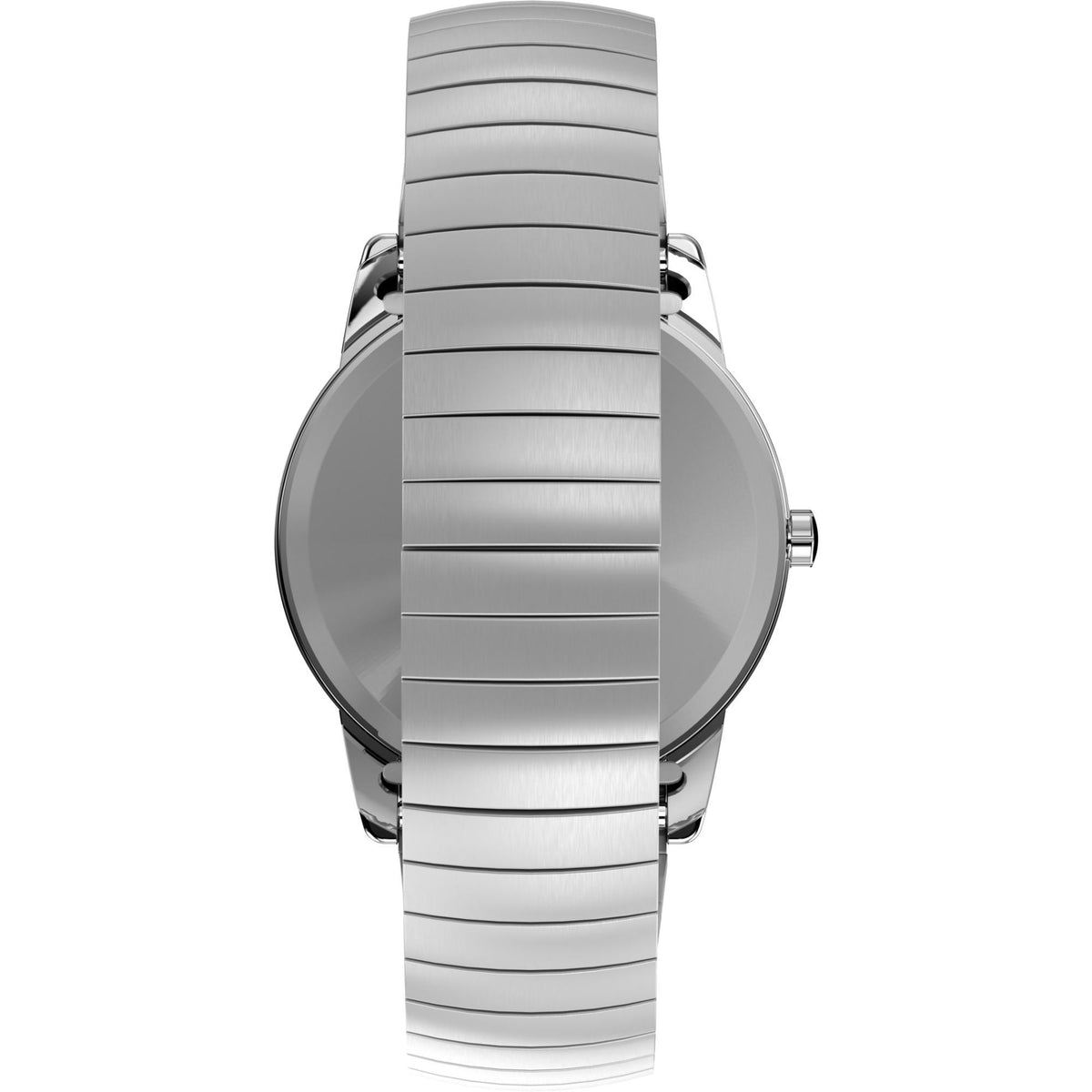 Men's steel quartz watch, rear view with textured bracelet links and crown