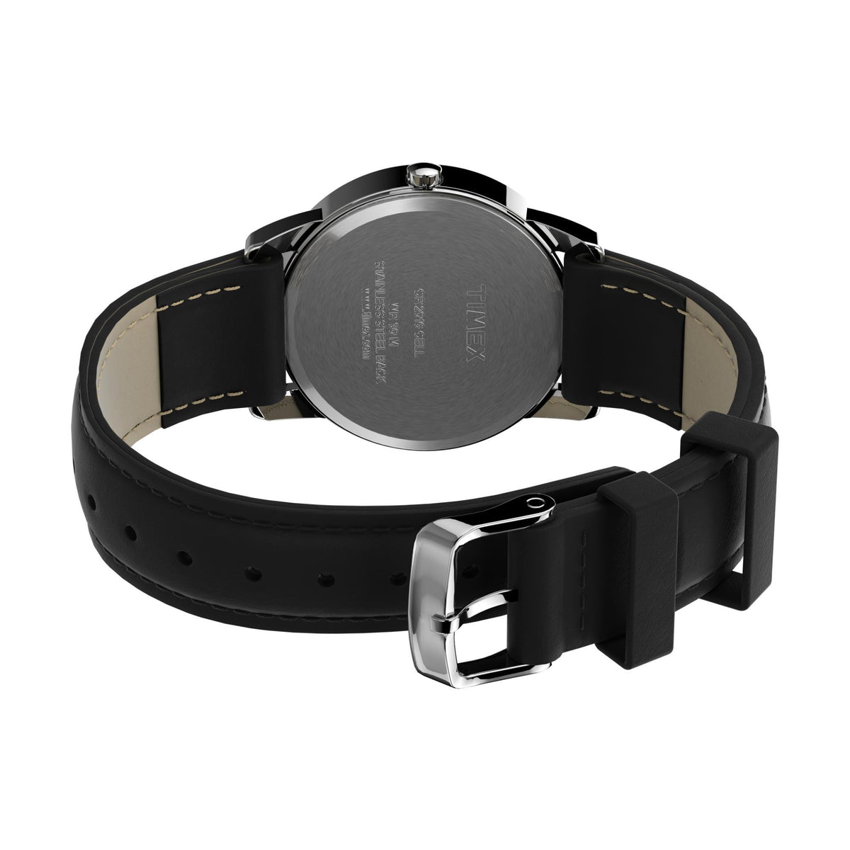 Timex watch back, black leather strap with stitched edges and metal buckle