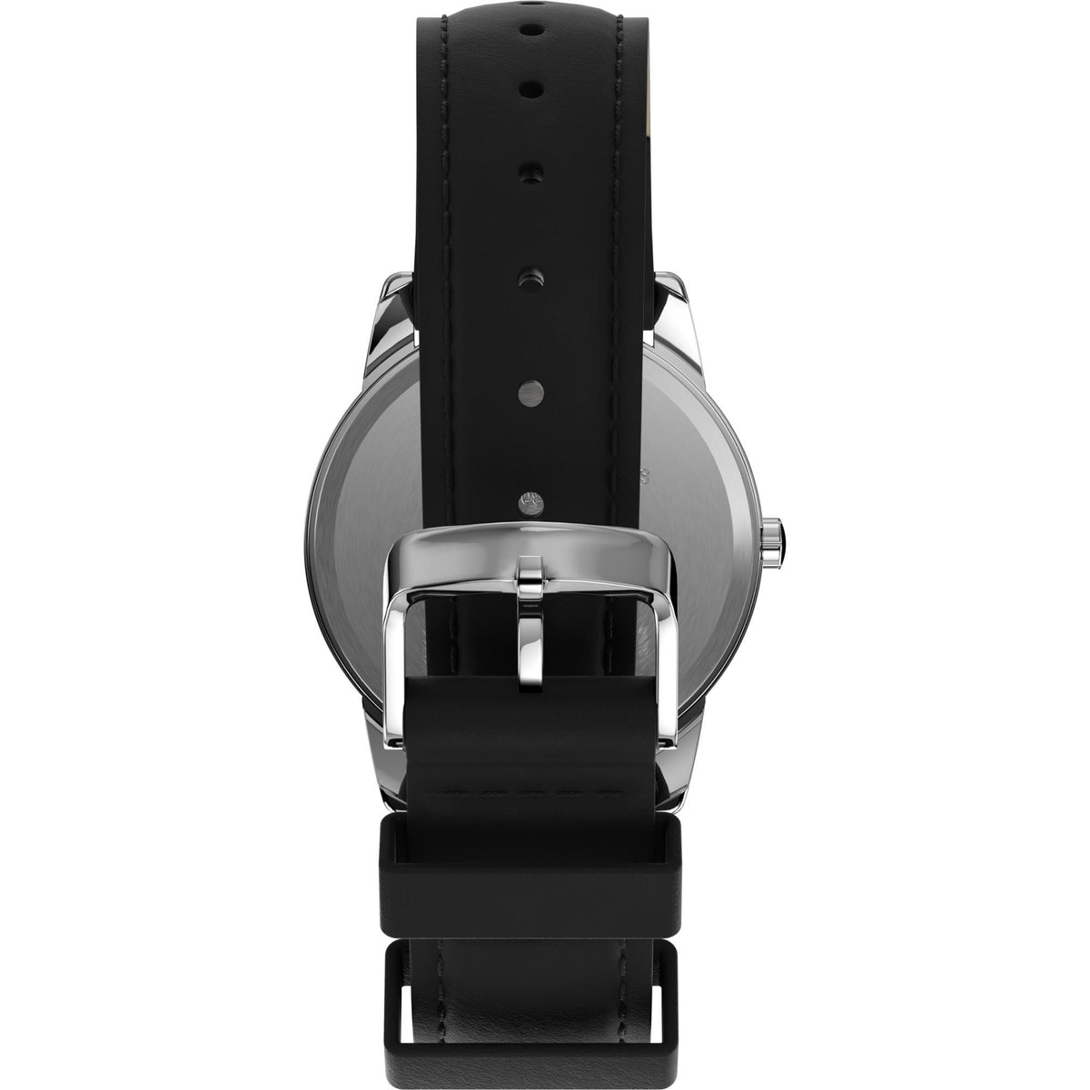 Timex watch side with black leather strap and silver clasp, vertical profile