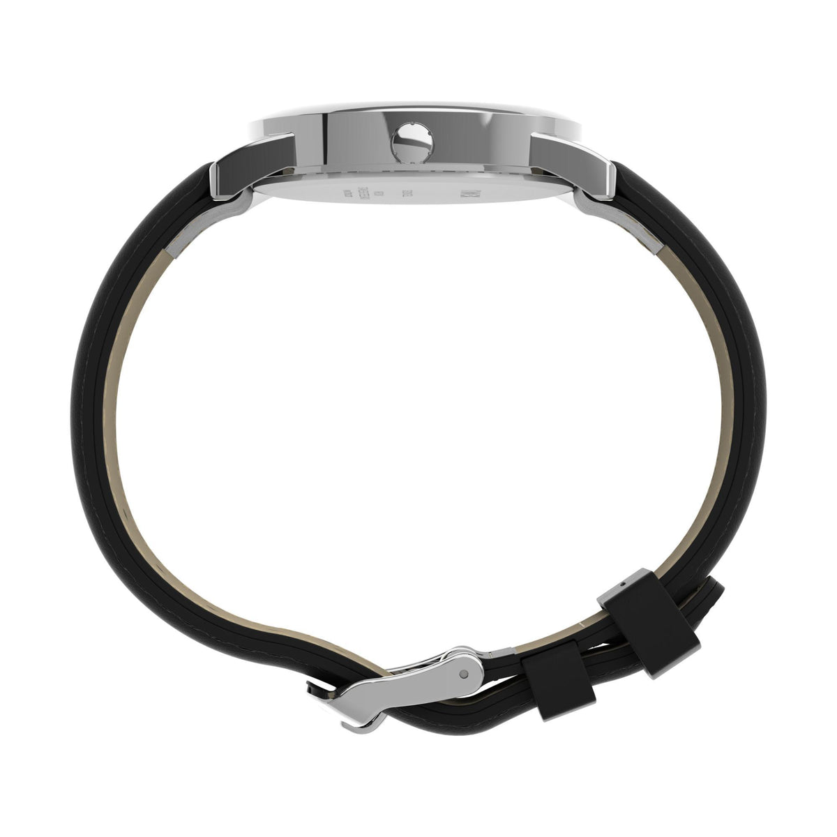 Round watch case side profile with crown and black leather band, open strap view