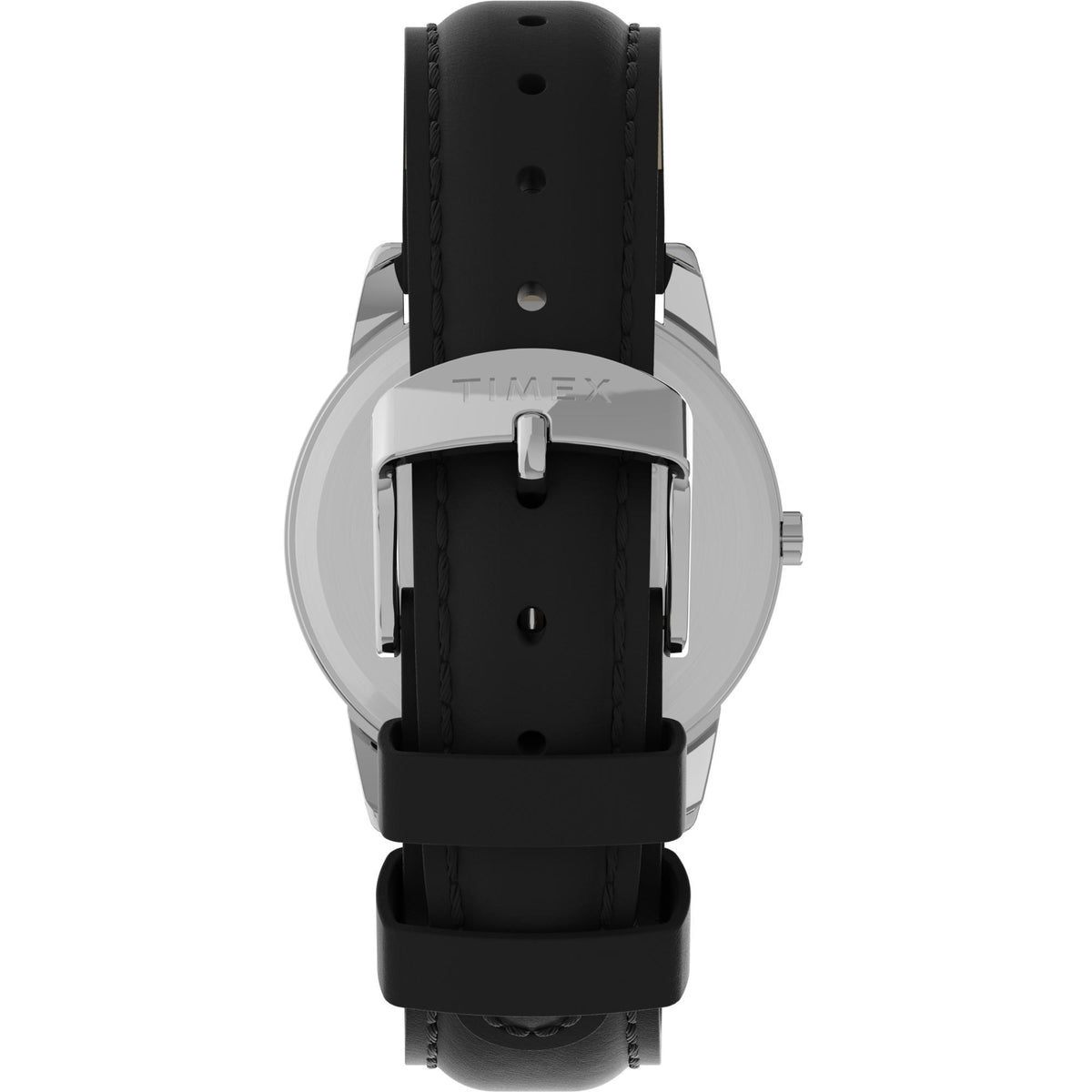 Men's wrist watch with black leather strap, silver bezel, black dial and side crown