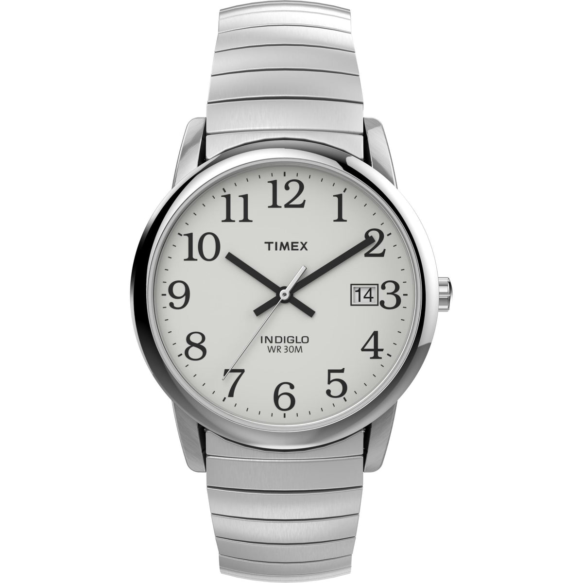 Men's steel quartz watch with white dial, black hands, and day-date window