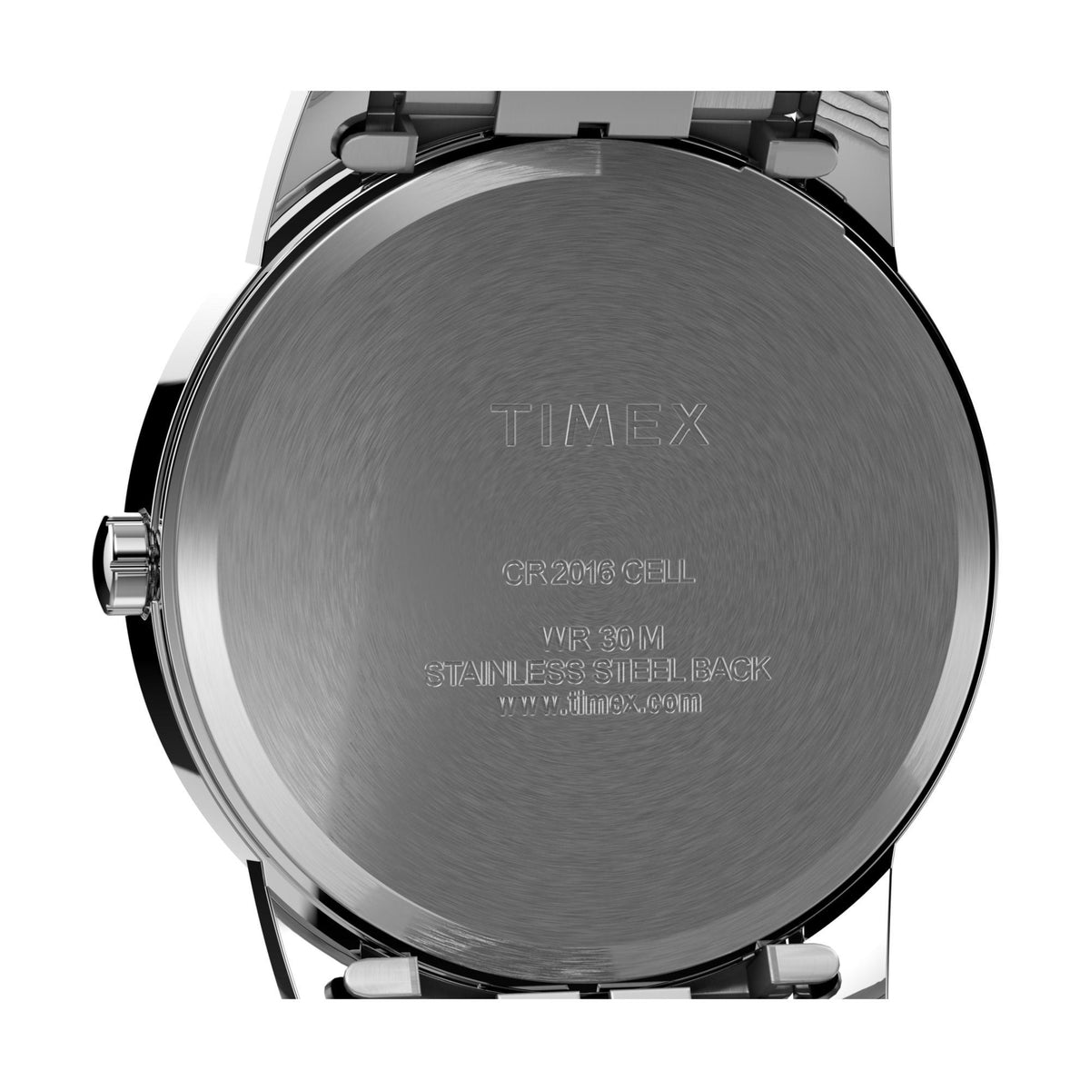 Steel caseback with embossed Timex logo and WR 30M text on round back