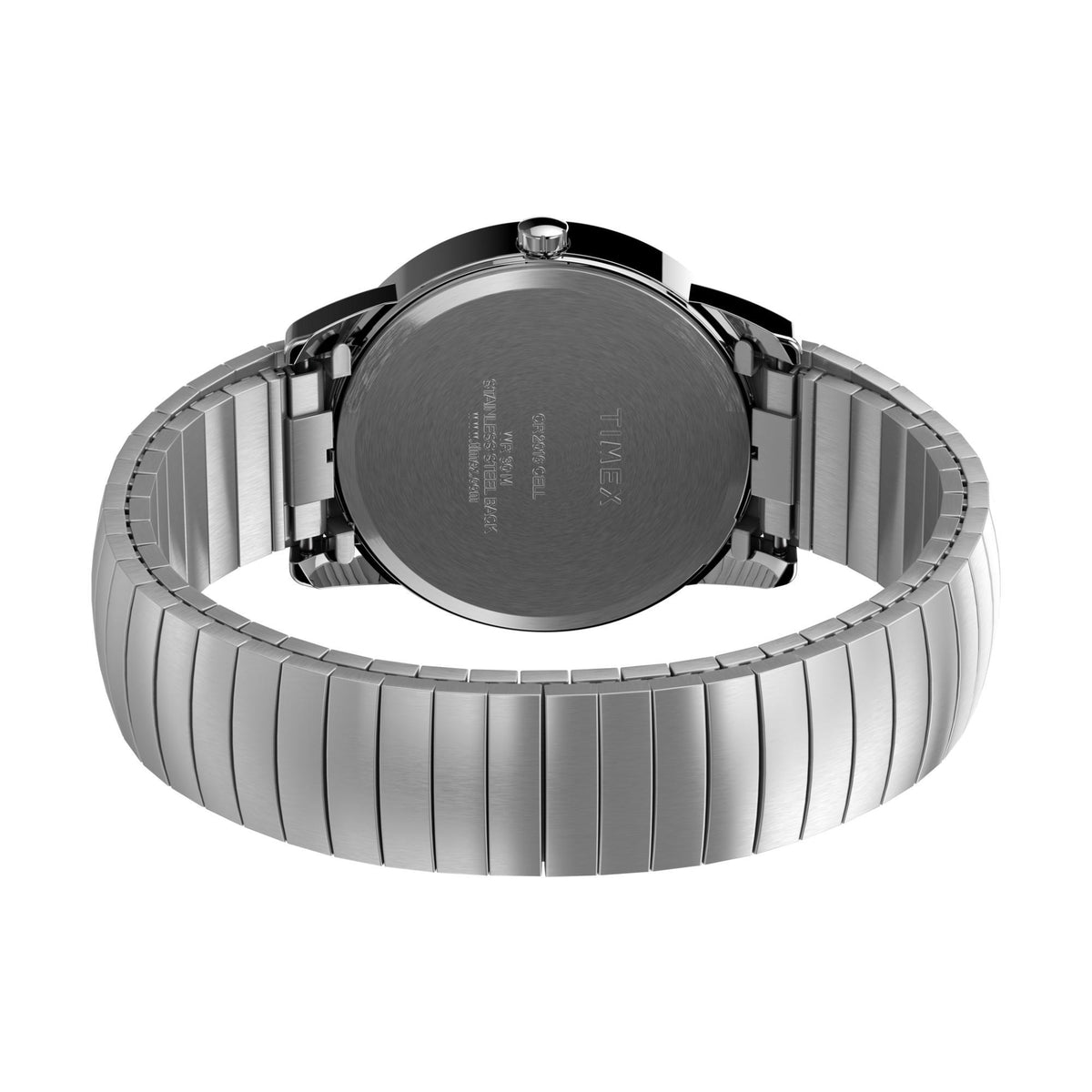 Stainless steel watch back with engraved markings and link bracelet around
